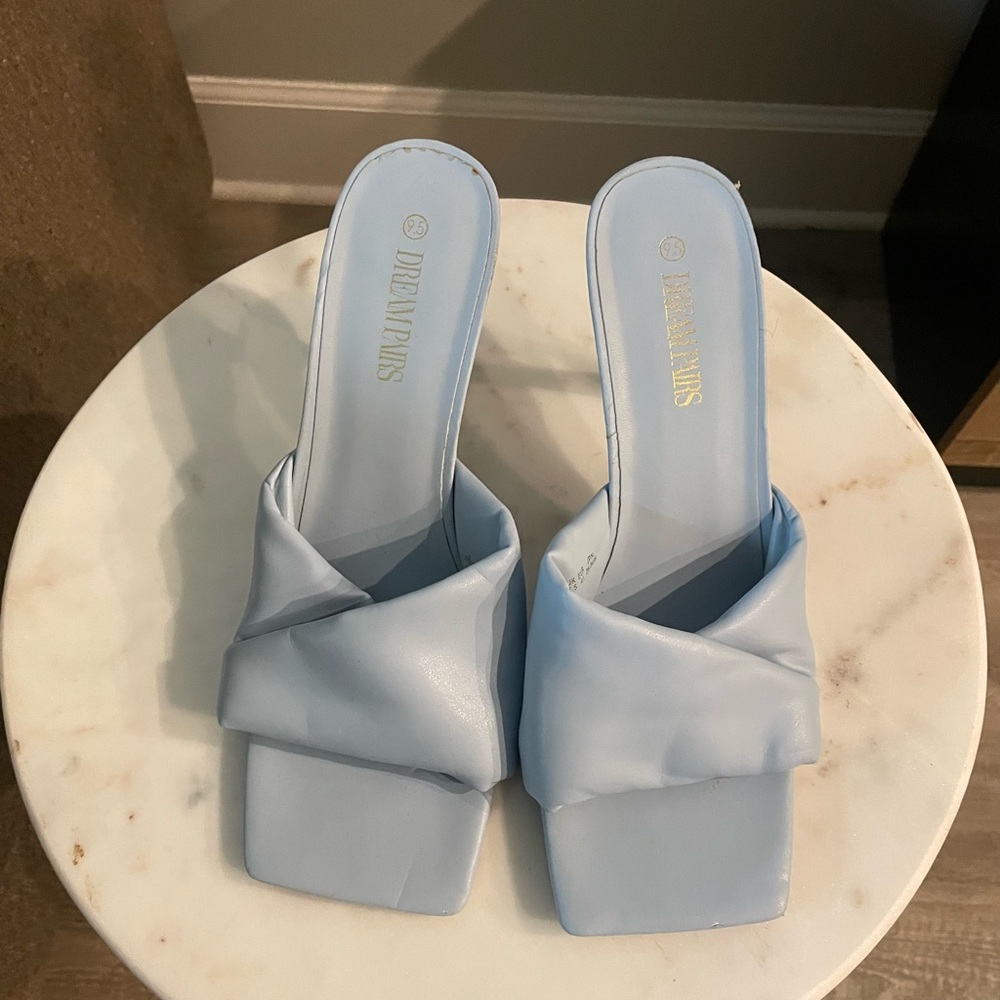 Baby Blue Square-Toed Kitten Heel Mule